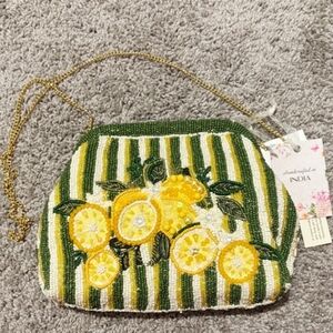 Beaded Lemon and Stripe Clutch
